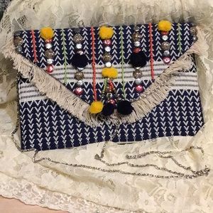La Chic Multi Cultural Clutch/Crossbody Navy & Beige Beaded design NEW
